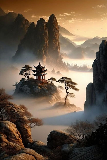 Un temple chinois dans le brouillard