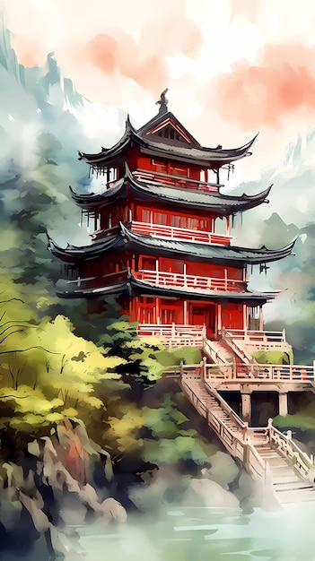 Un temple chinois dans une forêt avec un pont en arrière-plan