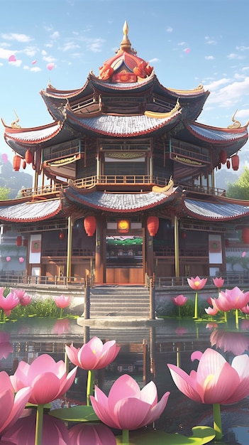 Un temple chinois avec une fleur de lotus au premier plan.