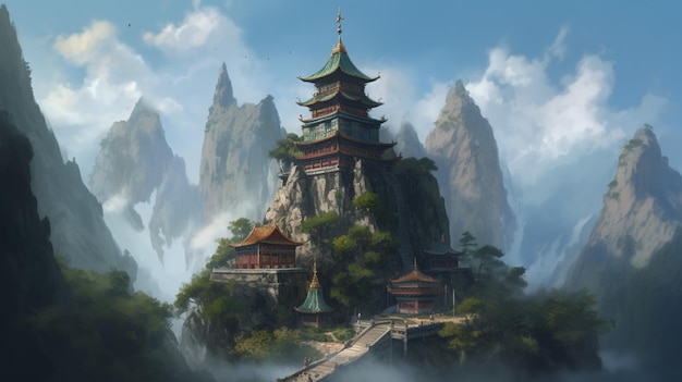 Un temple chinois sur une montagne dans les nuages