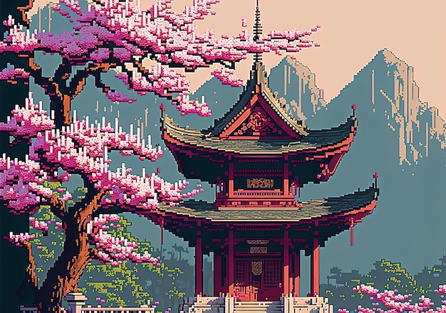 Temple chinois de pixel art et cerisiers dans le paysage de montagnes pour l'IA du jeu 8 bits