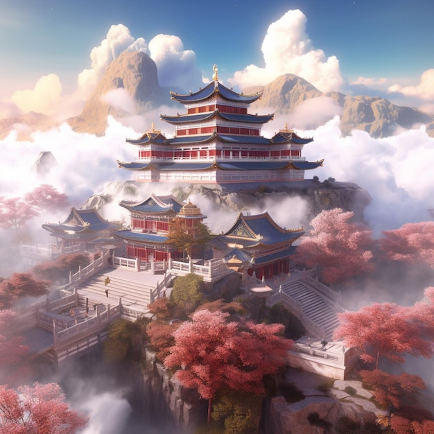 Un temple chinois se trouve sur une montagne dans les nuages.