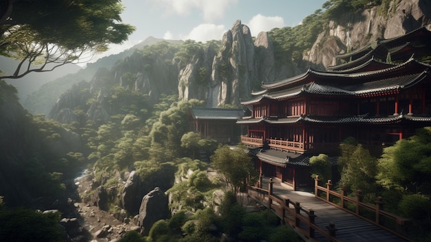 Un temple chinois se trouve sur une montagne avec une montagne en arrière-plan.