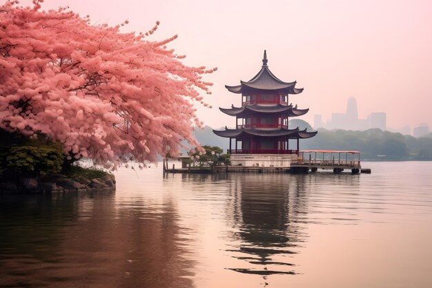 Temple chinois de la sérénité à l'aube au bord du lac Clear