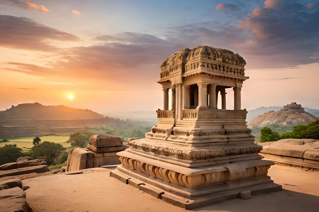 Un temple sur une colline avec un coucher de soleil en arrière-plan