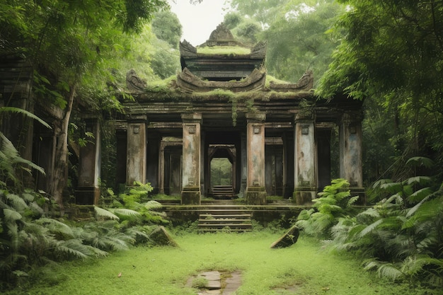 Temple à colonnes et arcades entouré de verdure