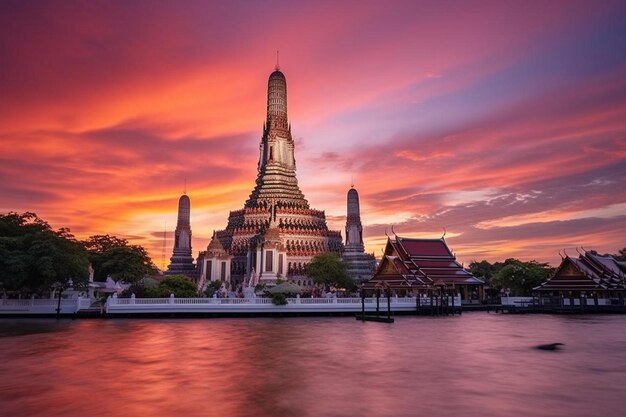 un temple avec un coucher de soleil en arrière-plan