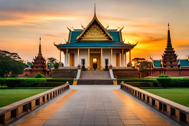 Un temple avec un coucher de soleil derrière