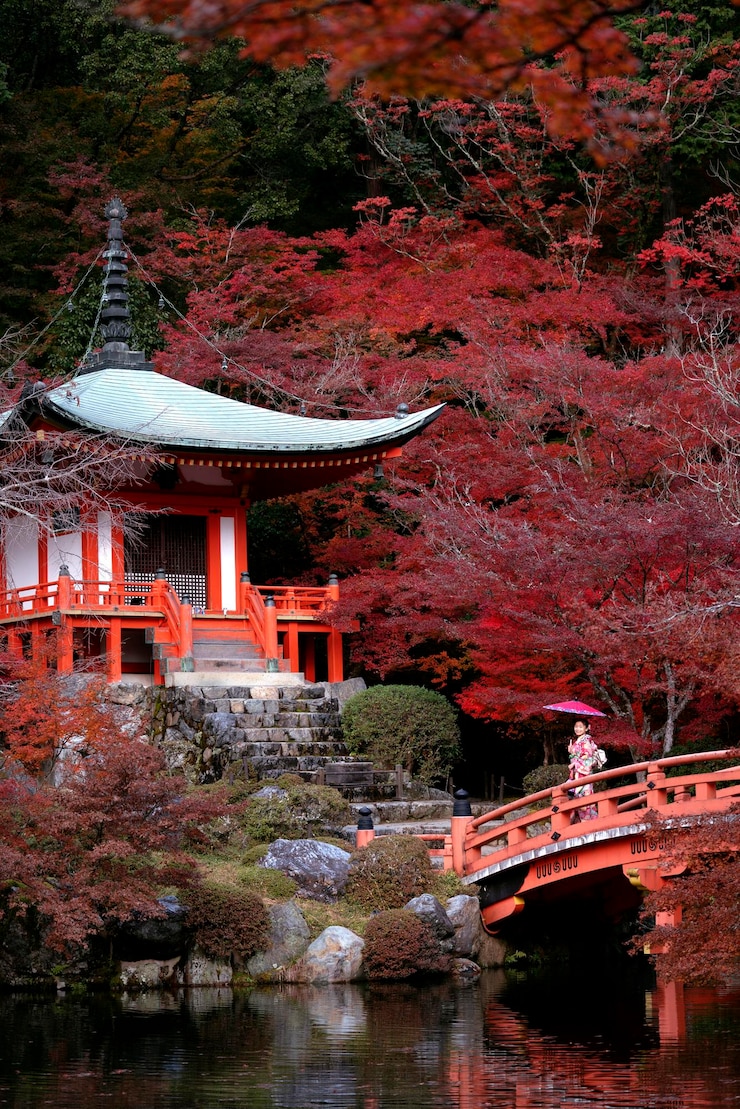 Photo temple daigoji avec pagode du pont de l'étang et gargen d'érable rouge en automne dans la ville de kyoto au japon