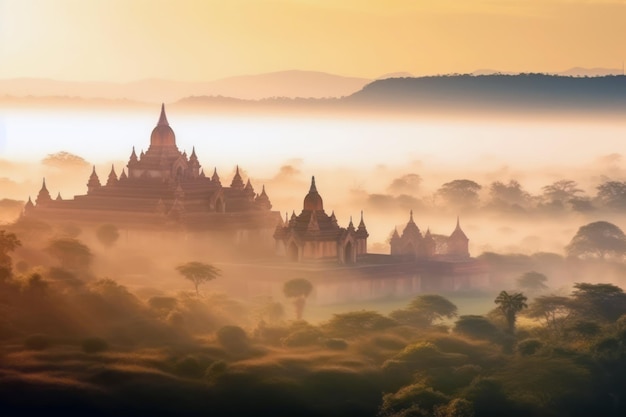 Un temple dans la brume au lever du soleil