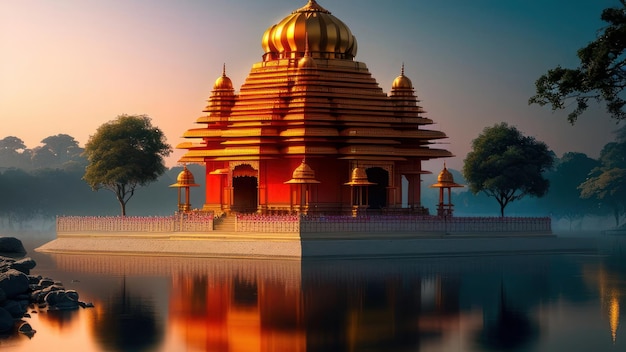 Un temple dans l'eau avec le soleil couchant derrière lui