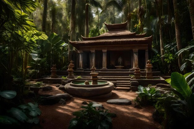 Un temple dans la jungle avec une fontaine au milieu.