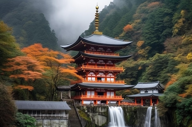 Un temple dans les montagnes avec une cascade en arrière-plan