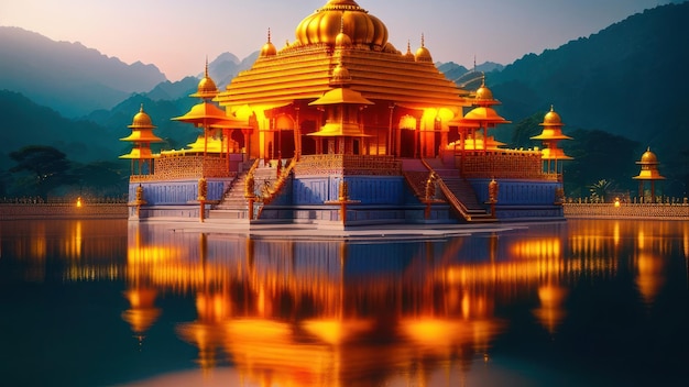 Un temple doré dans un lac avec des montagnes en arrière-plan