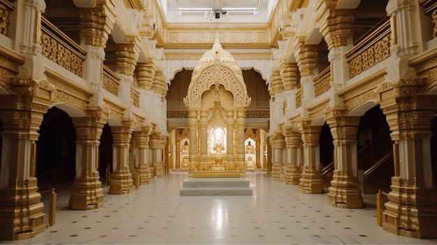 un temple doré avec un sol en marbre doré et blanc.