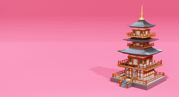 Temple du japon rendu 3D sur fond de couleur rouge thème japon pour l'espace de copie