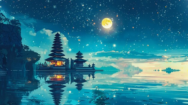 Le temple du jour du silence de Nyepi la nuit sur un lac paisible