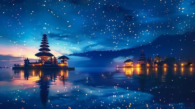 Le temple du jour du silence de Nyepi la nuit sur un lac paisible