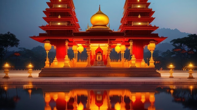 Un temple éclairé avec un toit rouge et une pagode dorée en arrière-plan.