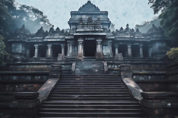 Un temple avec des escaliers et un fond de ciel