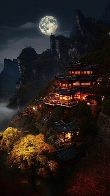 Un temple sur une falaise la nuit