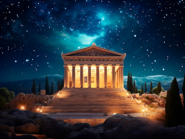 Temple d'Héphaïstos la nuit avec ciel étoilé