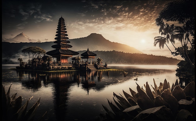 temple hindou pura ulun danu bratan sur le paysage du lac bratan au lever du soleil à bali