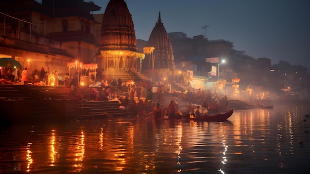 Un temple hindou de Vrindavan avec de belles lumières et de l'eau générée par Ai