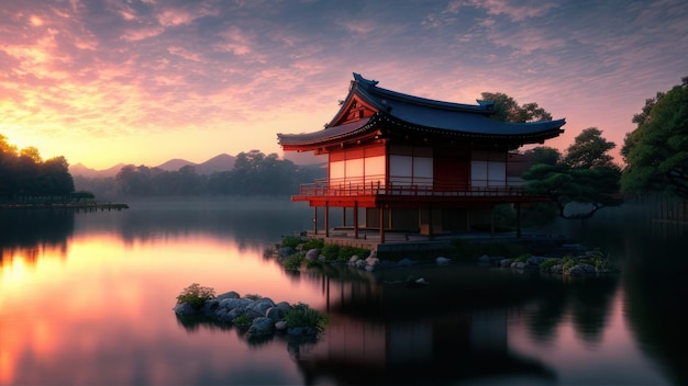 Un temple japonais au coucher du soleil