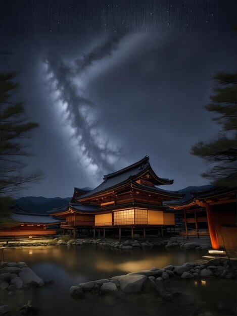 Le temple japonais éclairé par le clair de lune Sérieux, calme et enchanteur