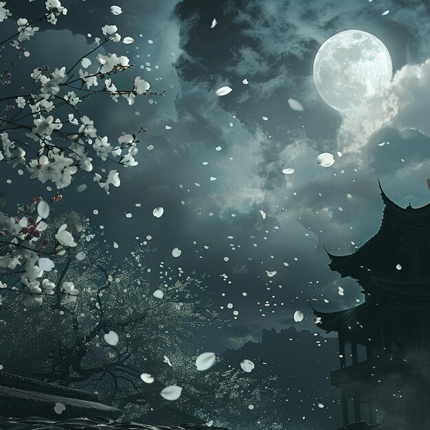 Photo un temple japonais avec une pleine lune en arrière-plan