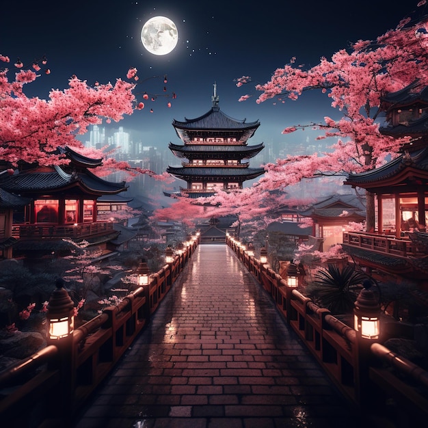 un temple japonais avec une pleine lune en arrière-plan.