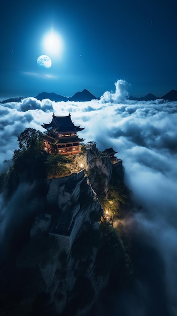 Un temple sur une montagne au-dessus des nuages