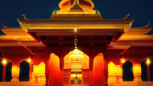 Un temple la nuit avec les lumières allumées.