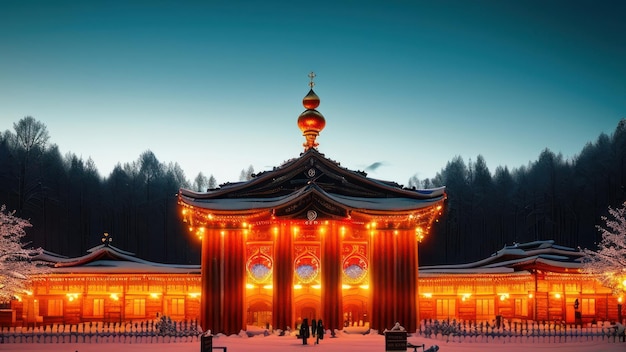 Un temple avec une pagode la nuit