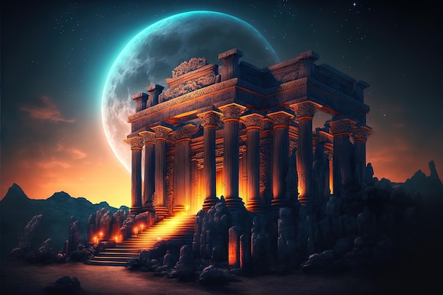 Temple de pierre majestueux de l'ancienne Babylone avec un paysage fantastique