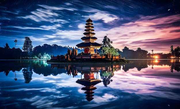 Le temple de Pura la nuit avec un ciel étoilé et le reflet dans l'eau Nyepi à Bali, en Indonésie.