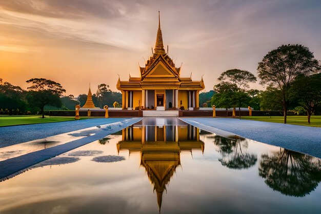 un temple avec le reflet d'un bâtiment dans l'eau