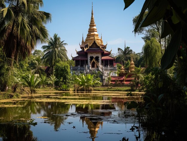 un temple avec un reflet d'un palmier dans l'eau