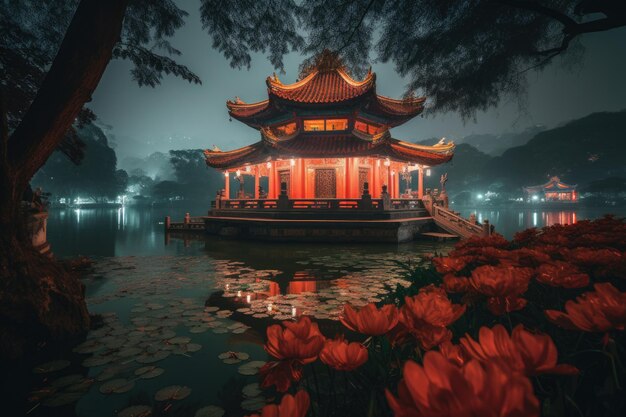 Temple rouge à Hanoï entouré de lotus et de lanternes génératives IA