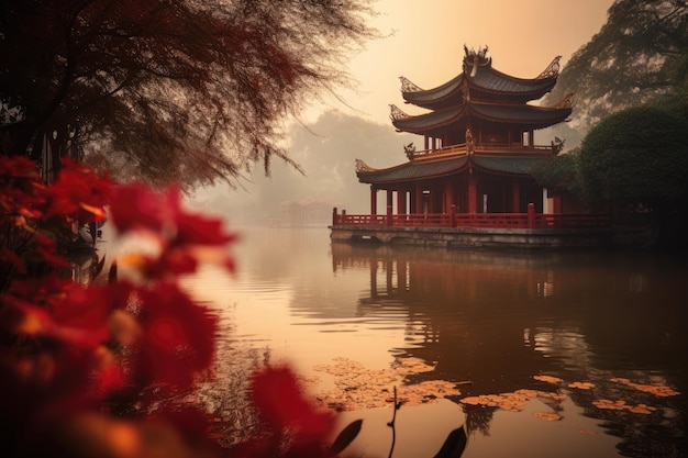 Temple rouge à Hanoï entouré de lotus et de lanternes génératives IA