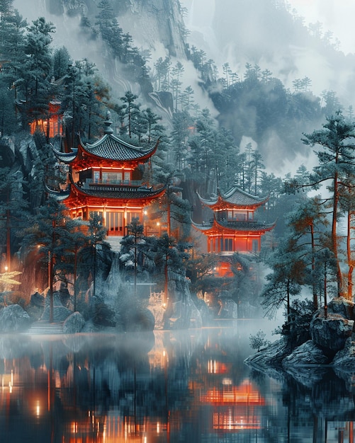 Un temple taoïste tranquille à l'arrière-plan