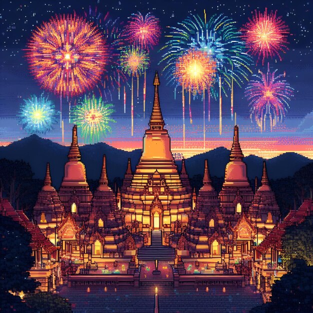 temple thaïlandais avec des feux d'artifice