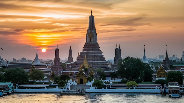 Le temple de Wat Arun au coucher du soleil à Bangkok, en Thaïlande