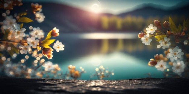 Le temps du printemps fleurit sur une table en bois dans le lac sur la montagne avec des lumières bokeh et un effet de lumière parasite sans espace de copie flou