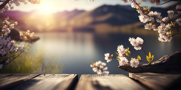 Le temps du printemps fleurit sur une table en bois dans le lac sur la montagne avec des lumières bokeh et des reflets