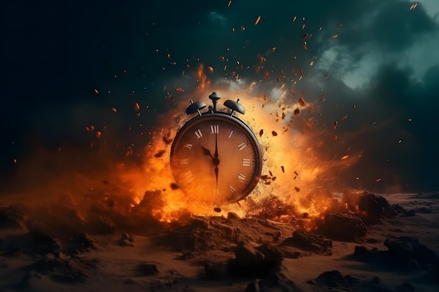 Le temps est en train de s'épuiser concept d'horloge d'alarme sur fond de feu