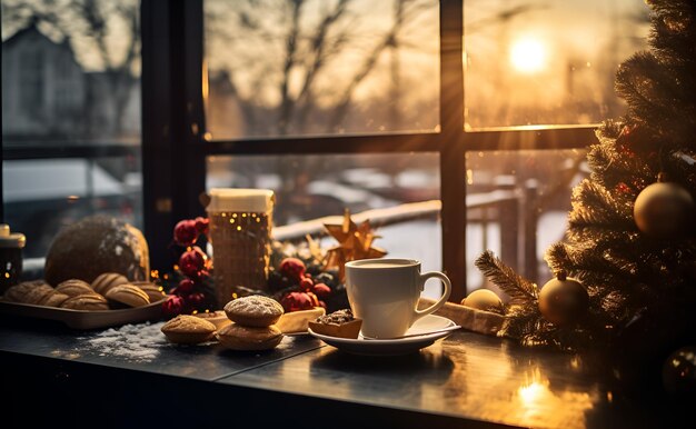 Temps de Noël Table à café dans un café bar ou un restaurant avec boisson chaude et biscuits contre le sapin guirlande festive lumières bokeh décorations du Nouvel An appartements confortables chambre d'hôtel