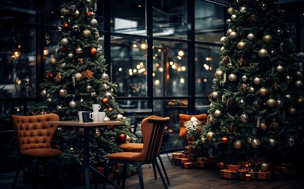 Temps de Noël Table à café dans un café bar ou un restaurant avec boisson chaude et biscuits contre le sapin guirlande festive lumières bokeh décorations du Nouvel An appartements confortables chambre d'hôtel