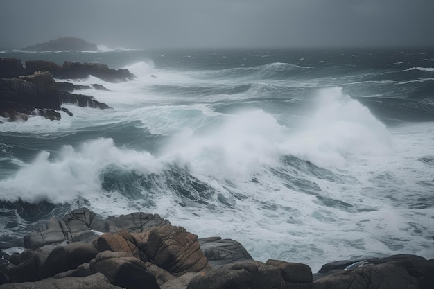 Temps orageux et mer agitée avec des vagues se brisant sur les rochers côtiers